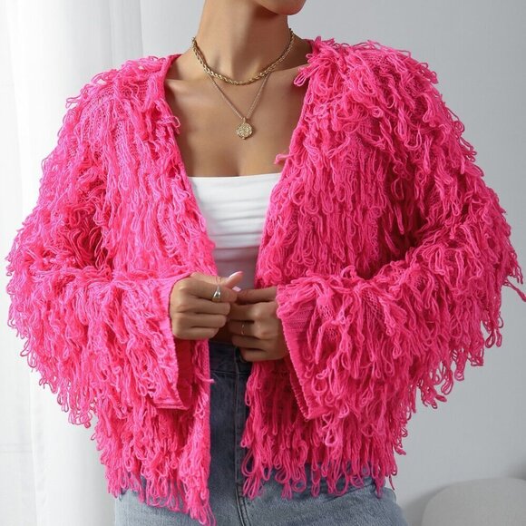 Hot Pink Casual Women's Shaggy Knit Duster Cardigan - Picture 5 of 7